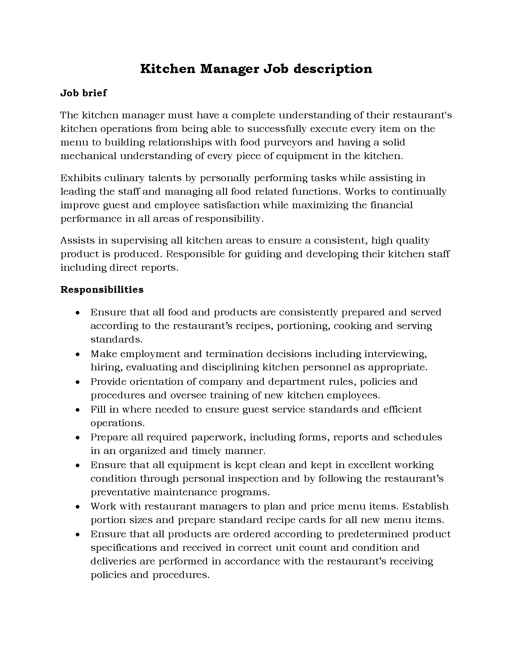 59-Kitchen Manager Job description